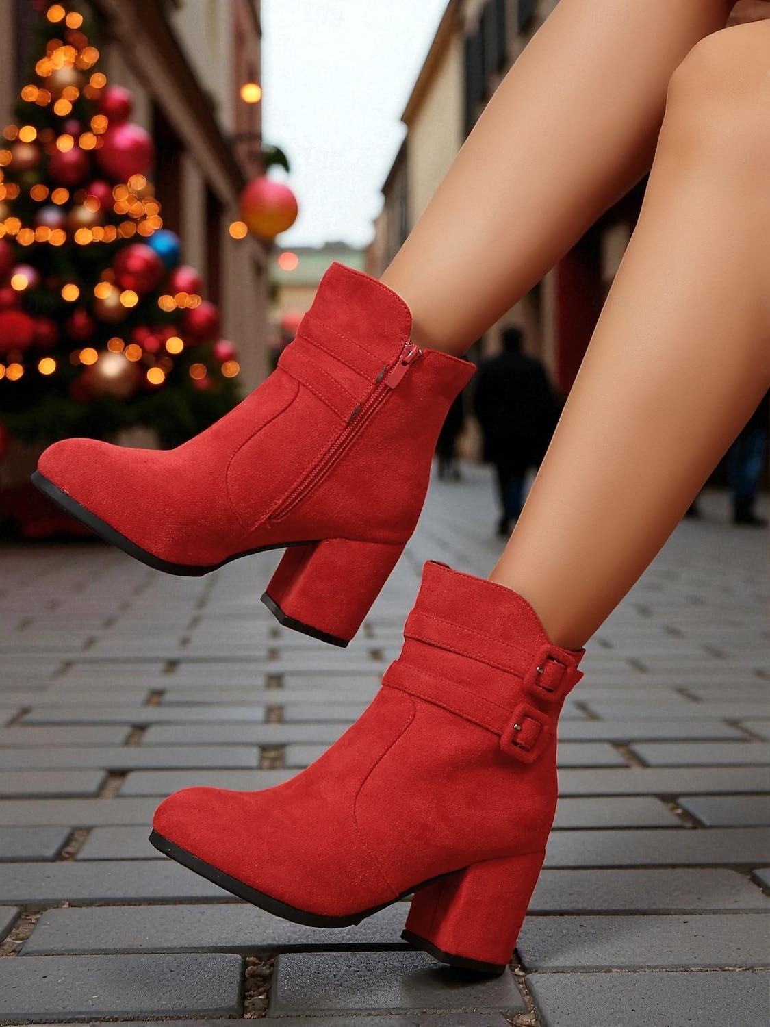 Women's Red Suede Ankle Boots with Double Buckle Detail and Chunky Heel, Stylish and Cozy, Perfect for Christmas, Winter Outings and Holiday Parties 2025 - $42.99 –P2