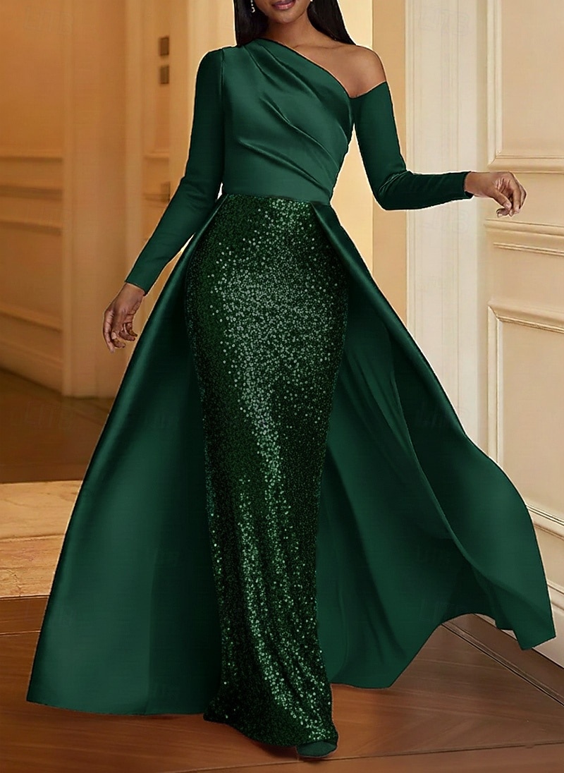Mermaid Trumpet Floor Length Evening Gown Ball Gown with Overskirt Formal Dress Elegant Glittering Sparkle Long Sleeve One Shoulder Wedding Formal Stretch Satin Sequined with Glitter 2026 - $195.99 –P5