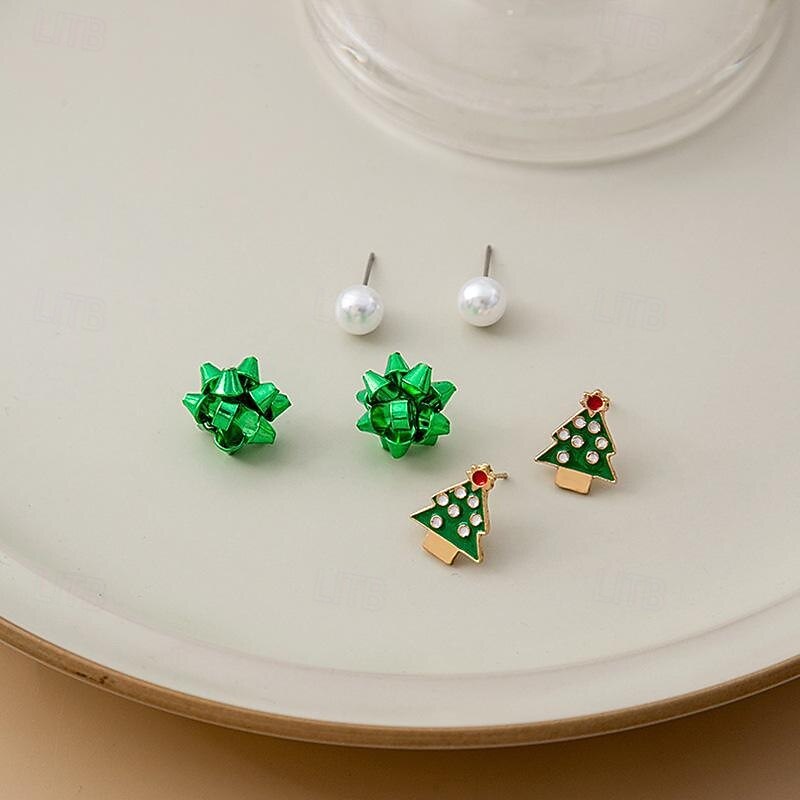 Conjunto de pendientes navideños: colección de joyas navideñas con lazos rojos y verdes, Papá Noel, árbol de Navidad y perlas. 2026 - $11.99 –P2