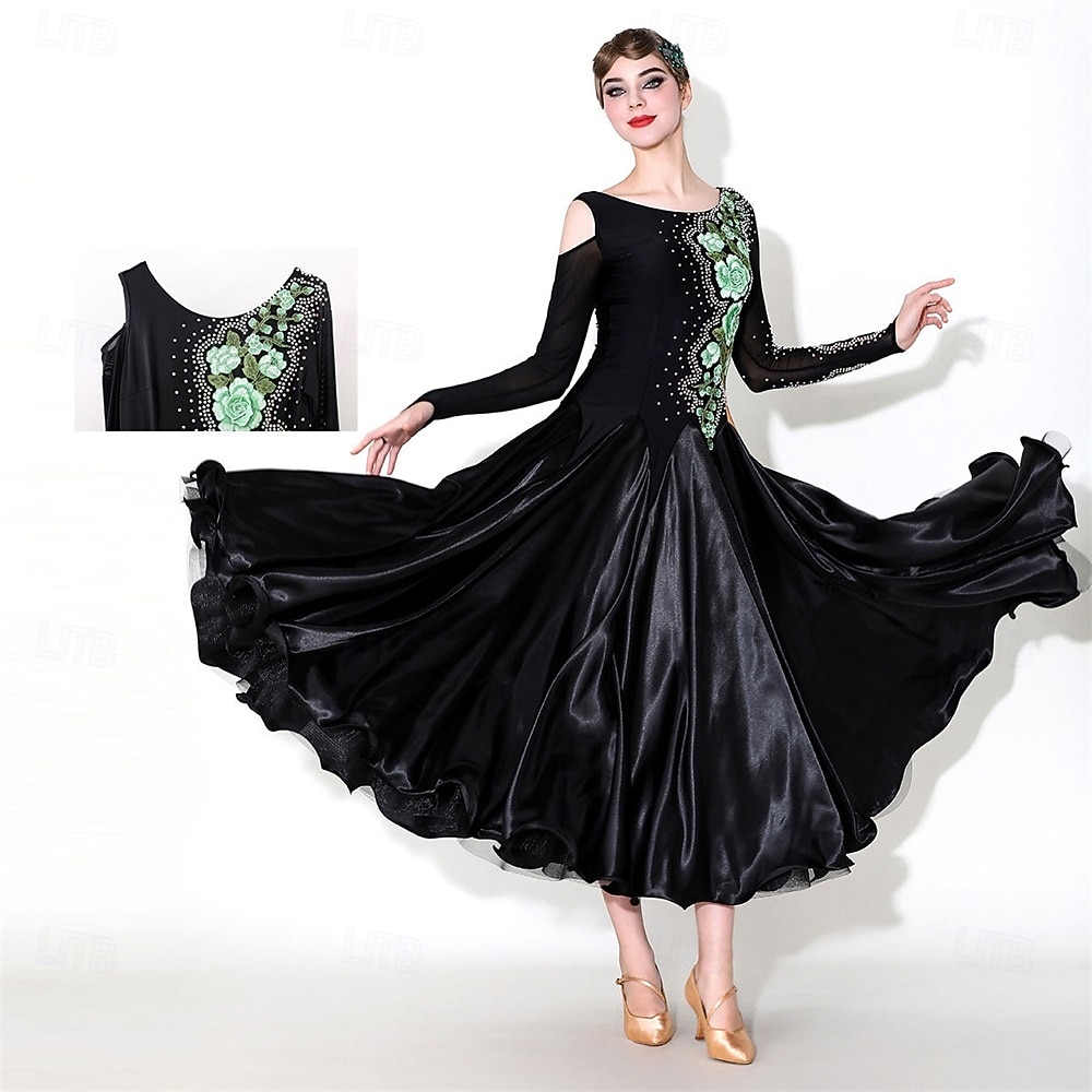 Γυναικείο φόρεμα χορού ασύμμετρο με φλοράλ κεντημένο σατέν μακρυμάνικο, κομψό φόρεμα βαλς, τάνγκο, φοξτροτ, διαγωνισμού – μαύρο &πράσινο 2026 - $241.99 –P4