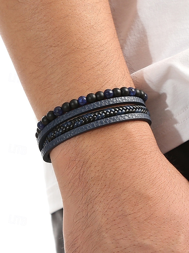 Men's Alloy Faux Leather Beaded Bracelet Set, Multi-Layer Braided Wristband with Magnetic Clasp, Fashion Punk Jewelry for Casual, Party & Gift 2025 - $11.99 –P1