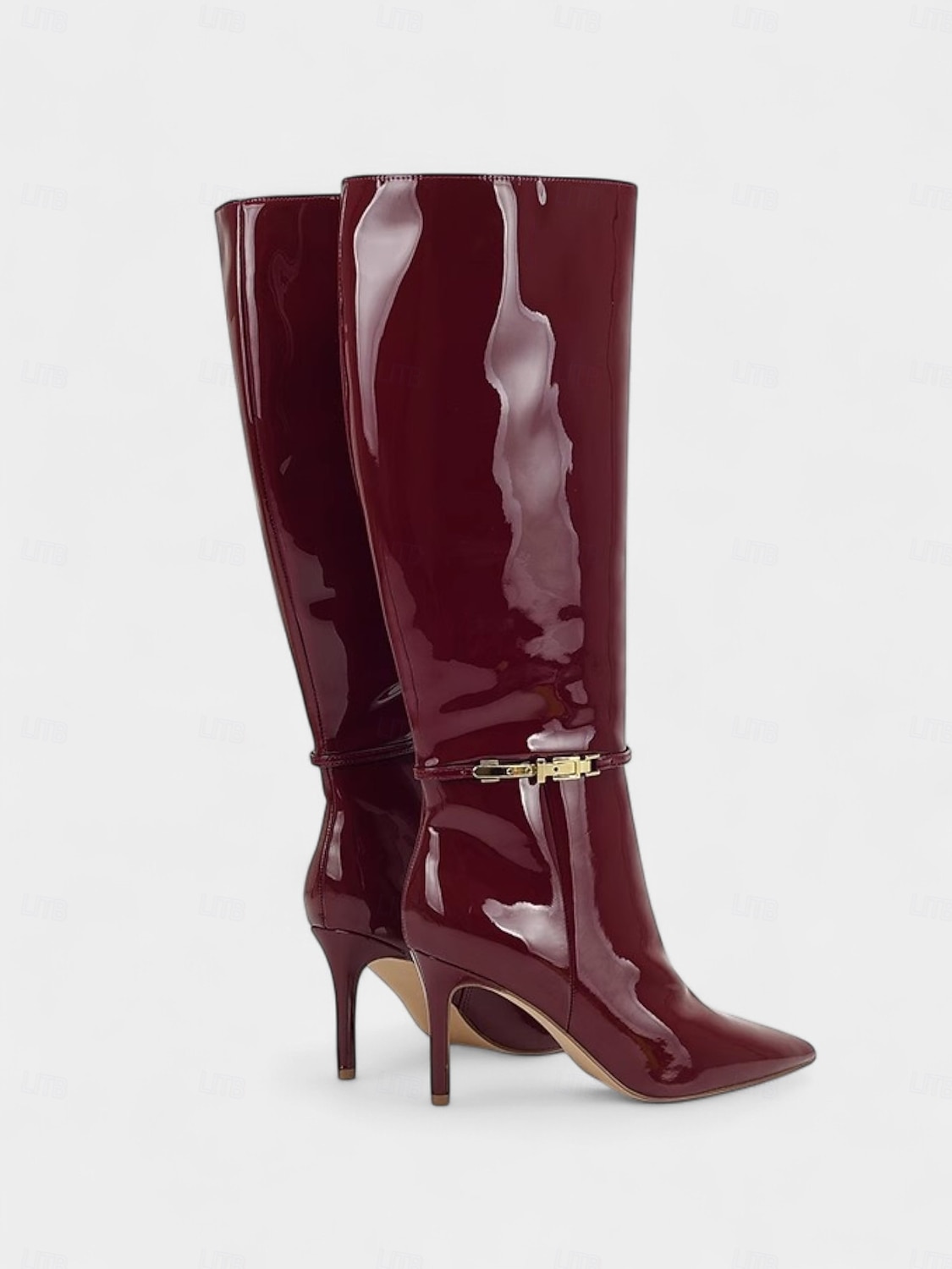Dámské vínové lakované kozačky z imitace kůže se zlatou přezkou, špičatou špičkou a stylovým jehlovým podpatkem, ideální na Vánoce, vánoční večírky a slavnostní příležitosti. 2026 - $69.99 –P4