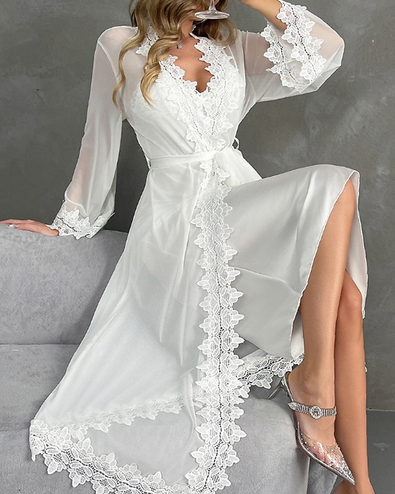 2026年 女性用 ローブ あたたか ファッション カジュアル ピュアカラー サテンシルキーパジャマ レース ドレス 家 ベッドサイド 長袖 クルーネック ホワイト 夏 春 レギュラー  コレクション – $43.99 –P1