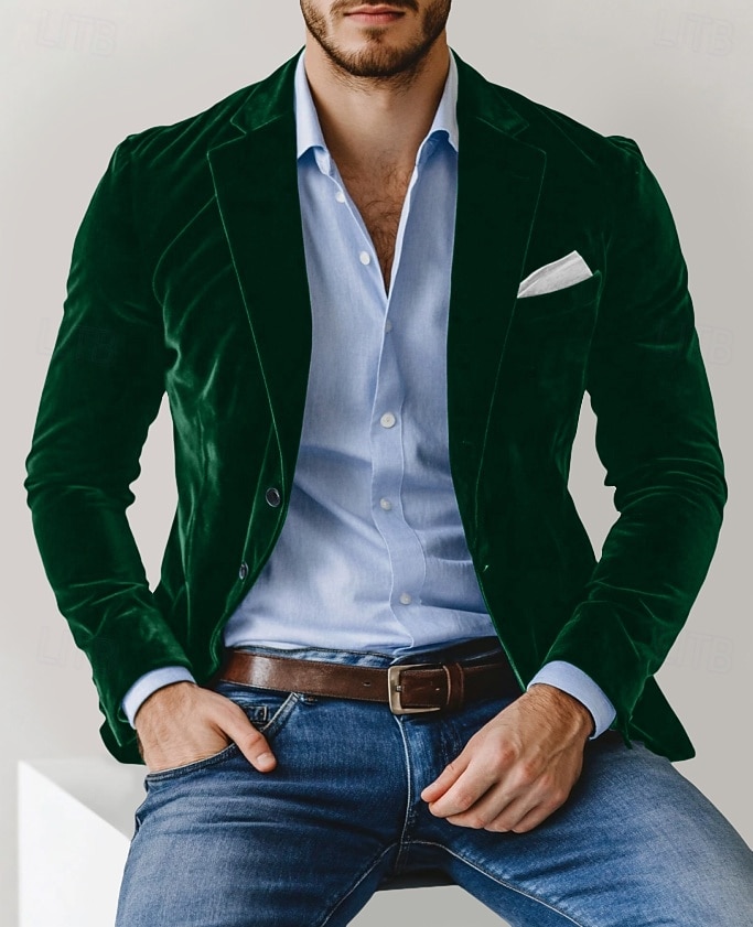 Blazer en velours pour homme, col cranté, style classique et décontracté, couleur unie, bordeaux, bleu, vert, coupe ajustée, simple boutonnage, deux boutons. de 2025 ? $79.99 –P3