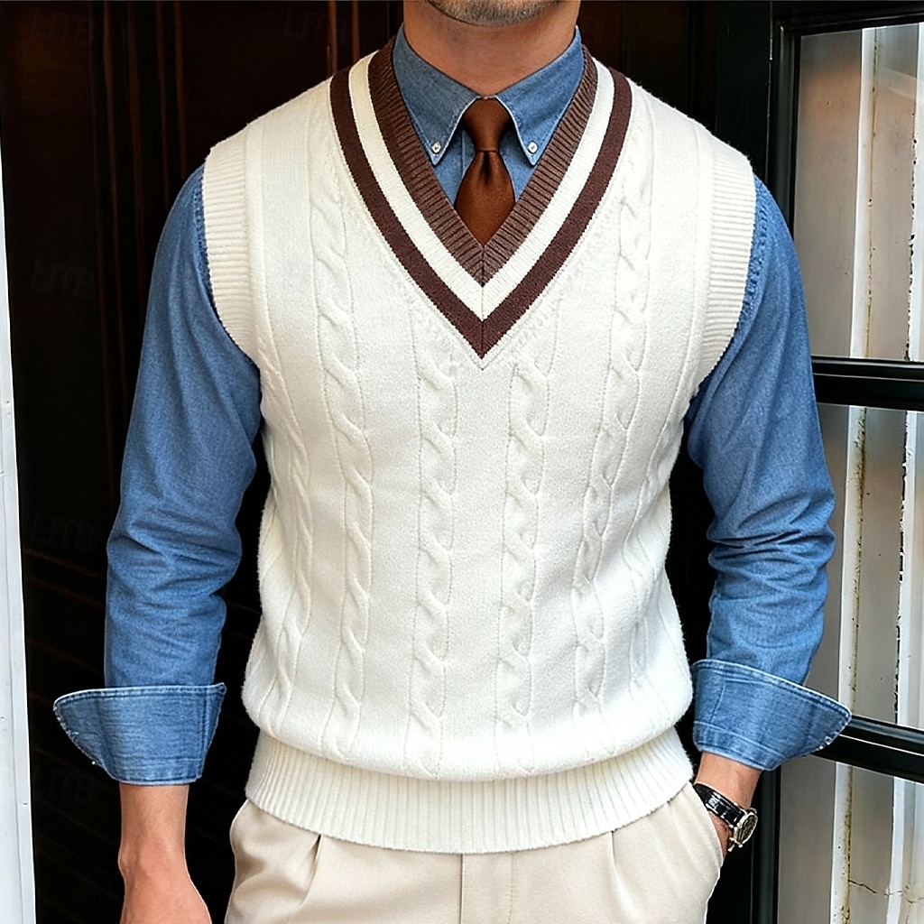 Miesten Neulepusero Neulottu villapaita Joustin Kaapeli Neuloa Tavalliset topit Kudottu Tavallinen V kaula-aukko Pidä Lämmin Moderni nykyaikainen Loma Katu Vaatetus Hihaton Syksy Talvi Beesi Kahvi M 2026 - $30.99 –P4