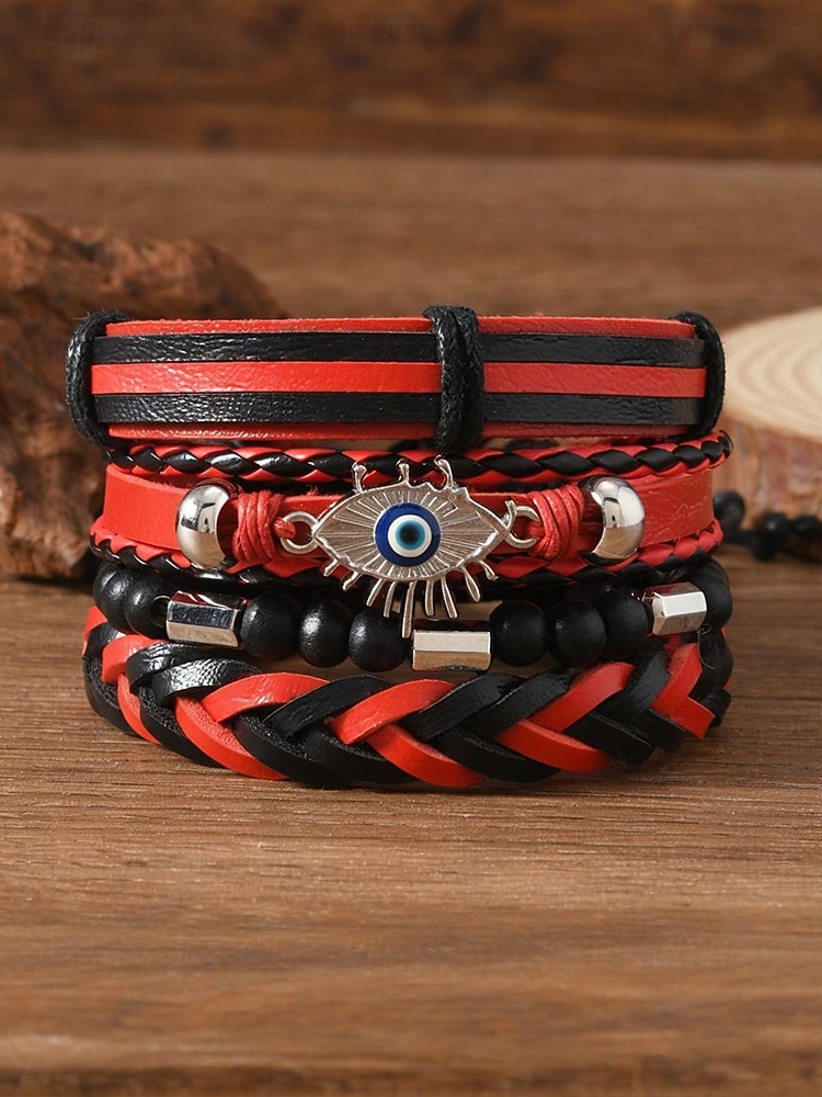 Pánská sada náramků z umělé kůže, červeno-černé tkané náramky s detaily zlého oka a korálků, stylové na Vánoce, různé vzory 2026 - $7.99 –P3