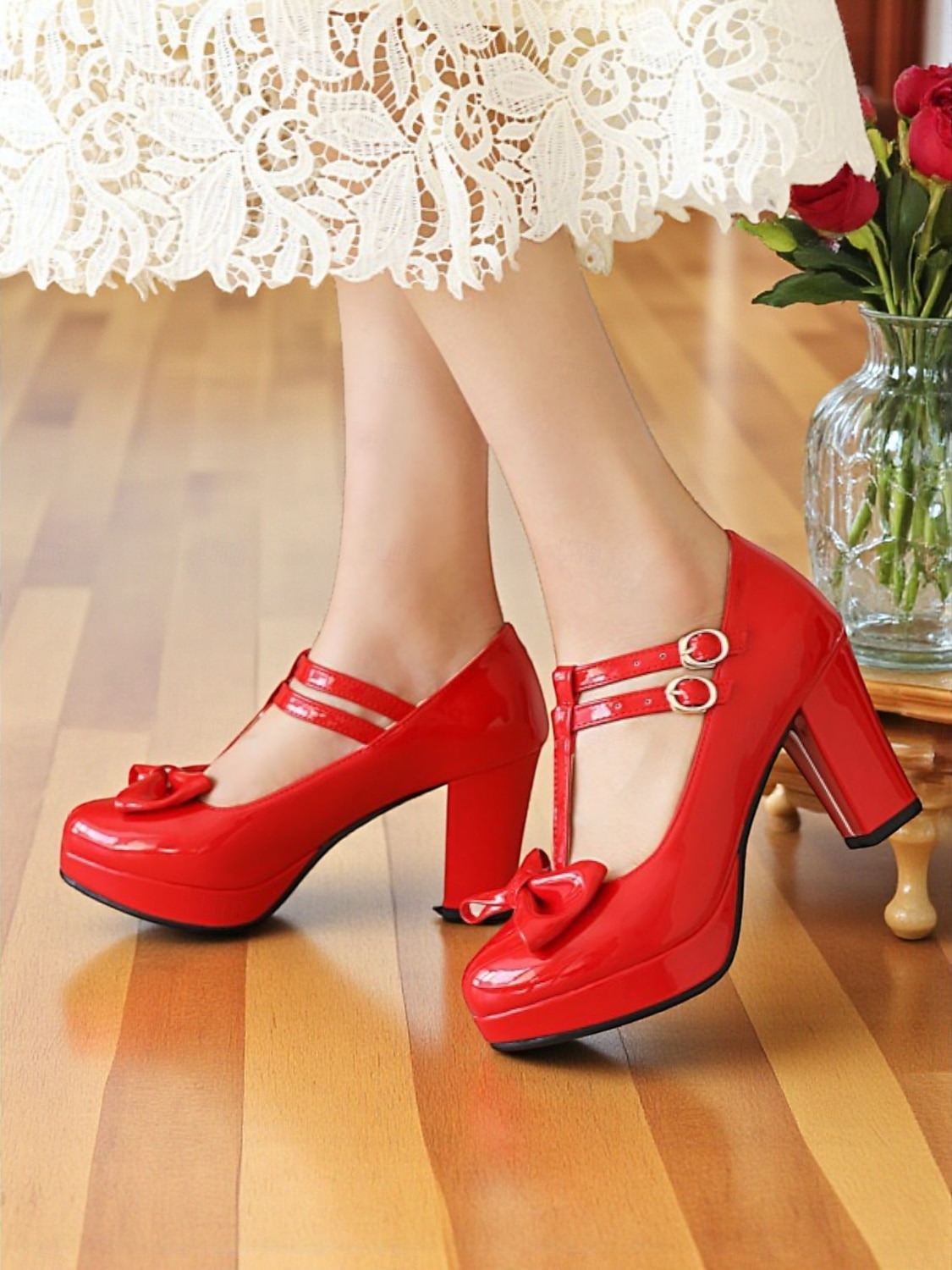 Women's 1950s Vintage Patent Faux Leather T-Strap Heels with Bow Detail, Comfortable Chunky Block Heel, Elegant for Parties, Weddings and Special Occasions 2026 - $54.99 –P2