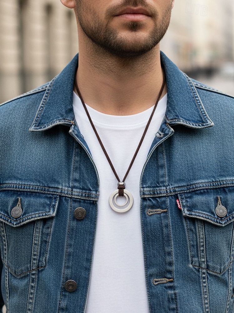 Justerbart halskjede med lærsnor for menn og dobbeltsirkelanheng – vintage, uformelt smykke for hverdagsbruk og utendørsstil 2025 - $9.99 –P2