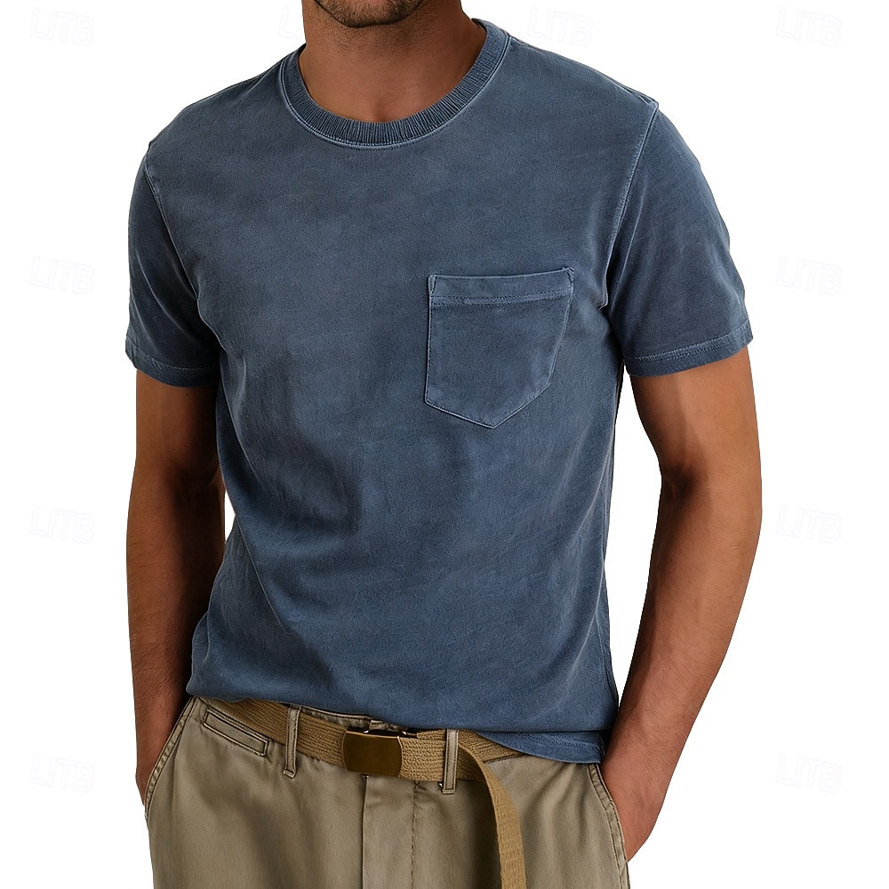 Herr T-shirt Tvätta skjorta i 100 % bomull Kortärmad Rund hals Sommar Vår Alla årstider Ensfärgat Elegant Vintage Neutral Ficka Crewneck Urblekt Ledigt Hem Utomhus Ljusblå Aprikos Svart Topp t-shirt 2026 - $20.99 –P8