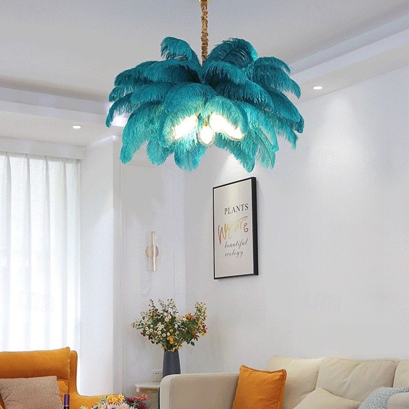 Lámpara colgante LED Lámpara de araña Precioso extra grande Ramo de plumas de avestruz de 80 cm Lámpara colgante de 5 luces Accesorio de iluminación montado romántico para restaurante Dormitorio 2026 - $749.99 –P11