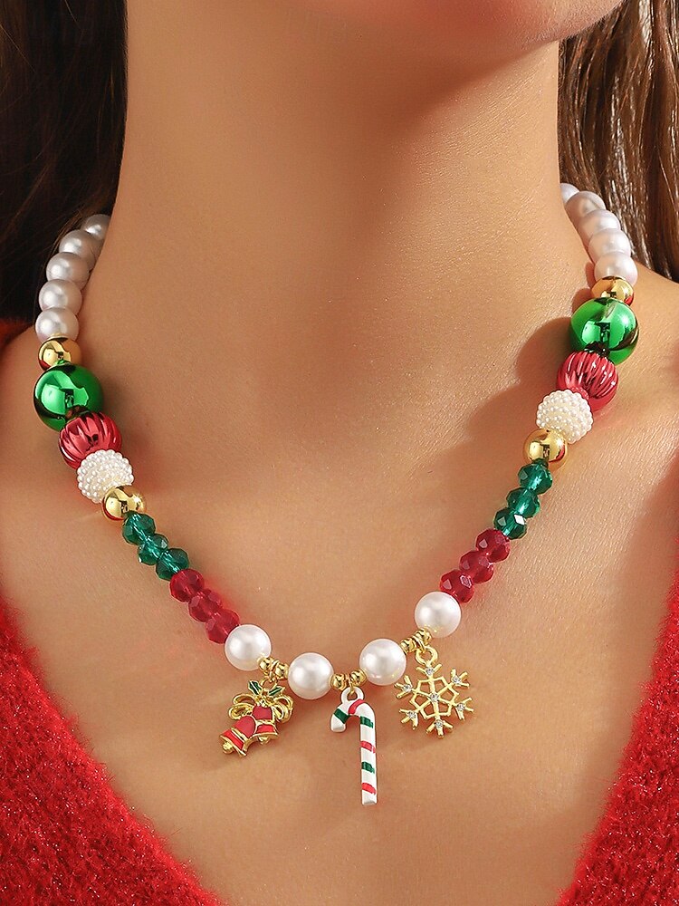 Női karácsonyi ajándék nyaklánc, ötvözet és akril anyagból, színes gyöngyök ünnepi medálokkal, tökéletes ünnepi kiegészítő partikra és összejövetelekre 2025 - $9.99 –P3