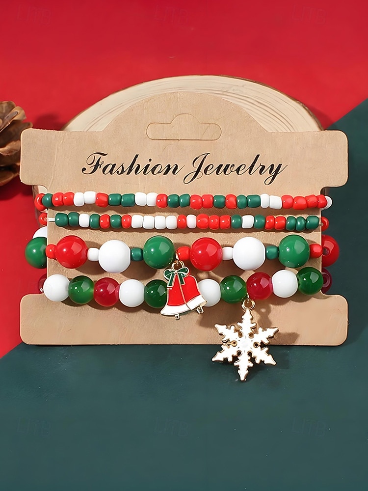 Женский рождественский браслет из бисера с подвесками в виде Санты, оленей и снеговика, красно-зеленые эластичные браслеты с жемчугом, праздничный подарок на праздник для нее 2025 - $3.99 –P9