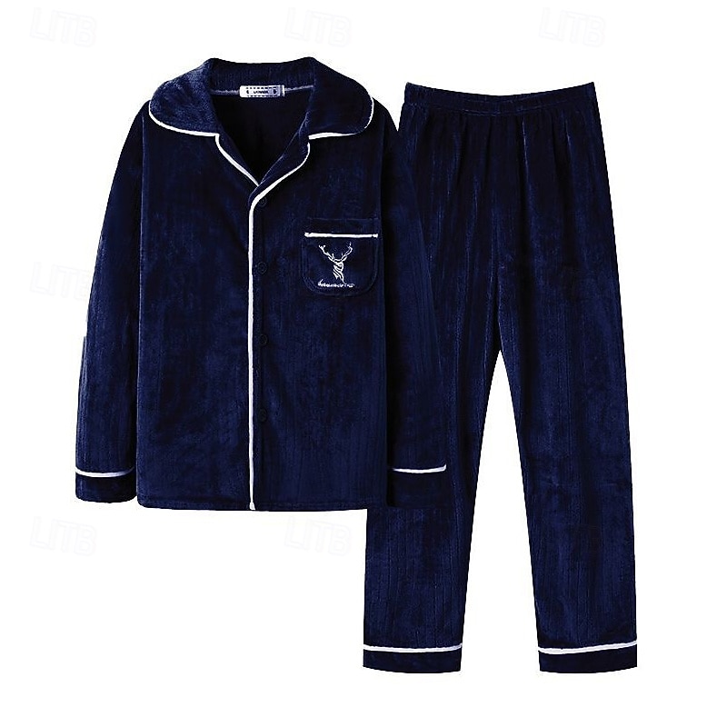 Homens Roupa de Dormir Conjunto de Pijama Top e calça de pijama 1conjunto Cada Moda à moda Clássico Casa Diário De Cama Sherpa Poliéster Térmico / Quente Conforto Macio Lapela Manga Longa Calça de 2026 por $38.99 –P2