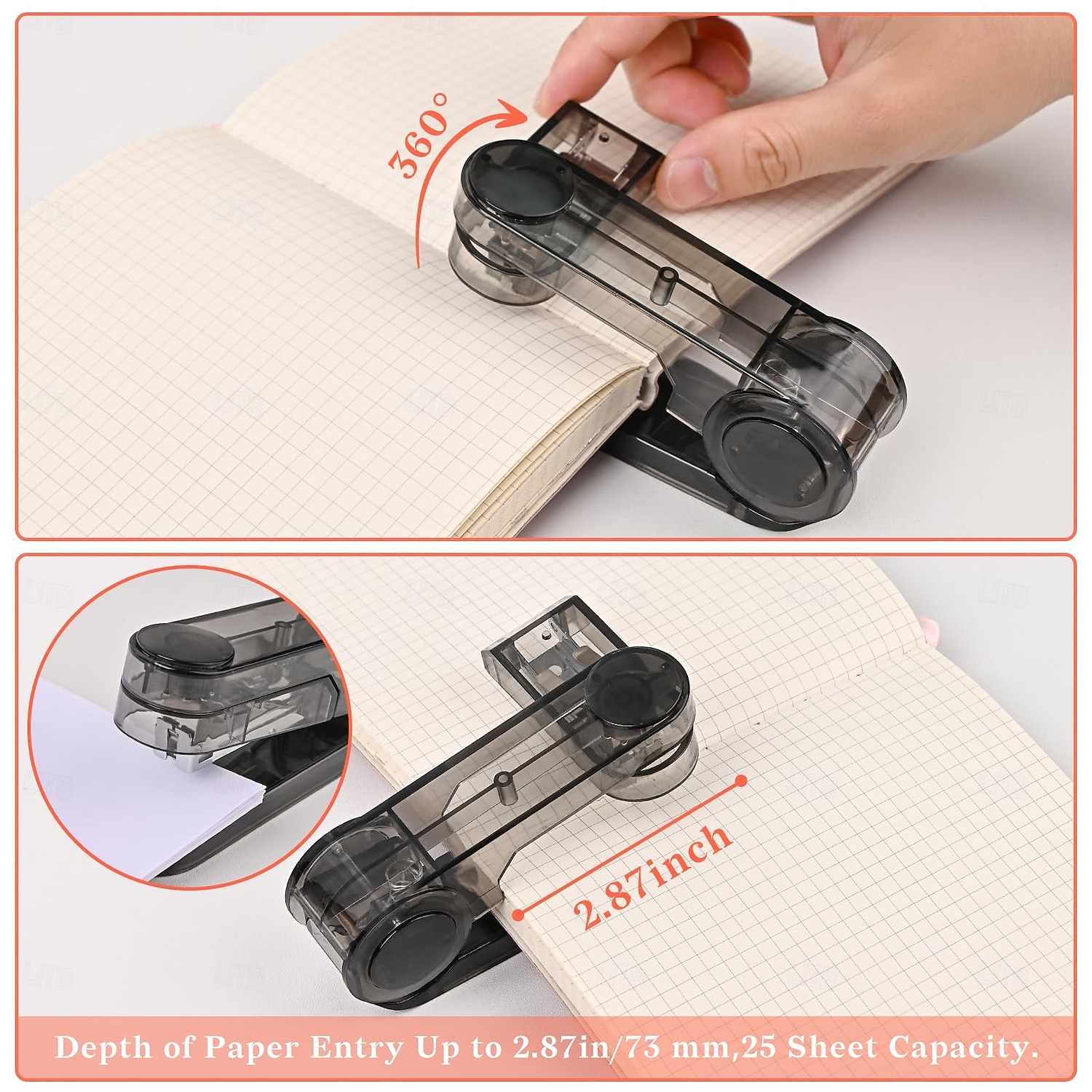 2026年 半透明のスイングアーム式ステープラー、400本のステープル付き。360度回転する卓上ステープラーで、小冊子や製本に。25枚のシートを収納可能。デスク、教室、オフィス用品に最適。  コレクション – $10.99 –P4