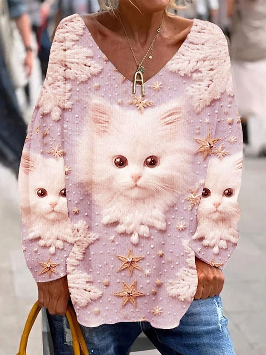 Γυναικεία Μπλουζάκι Στάμπα Γραφική Ζώο Γάτα Κομψό Βίντατζ Μοντέρνα Μακρυμάνικο Λαιμόκοψη V Κανονικά μπλουζάκια Καθημερινά Σαββατοκύριακο Θαλασσί Ανθισμένο Ροζ Βυσσινί Άνοιξη Φθινόπωρο 2026 - $32.99 –P2