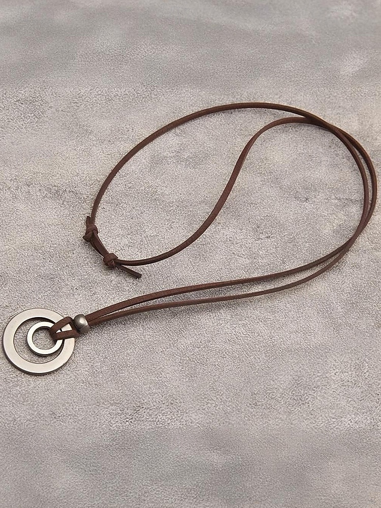 Justerbart halskjede med lærsnor for menn og dobbeltsirkelanheng – vintage, uformelt smykke for hverdagsbruk og utendørsstil 2025 - $9.99 –P7