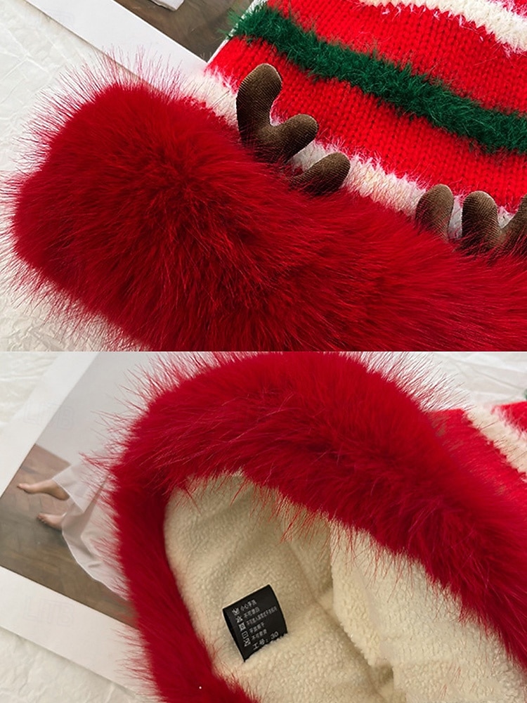 Kerstmuts met strepen voor dames met rendiergewei – polyester materiaal, feestelijk ontwerp voor feestdagen en winterkleding 2026 - $19.99 –P7