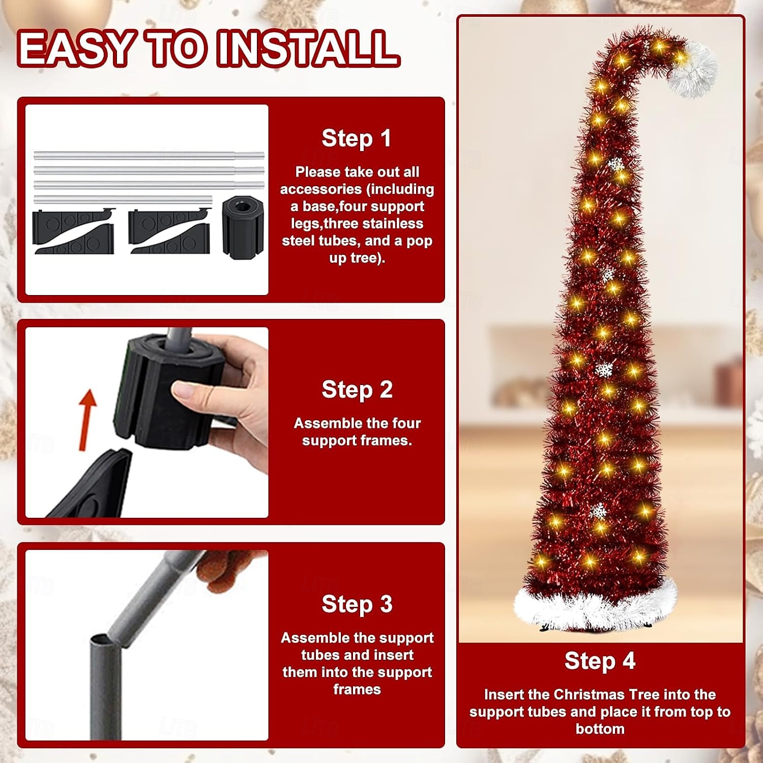 Christmas red Christmas hat tilted head Christmas tree 5M 50Leds warm light string indoor living room study staircase holiday atmosphere decoration prop 1.5M/5FT AAA battery box 2025 - CAD $46.99 –P5