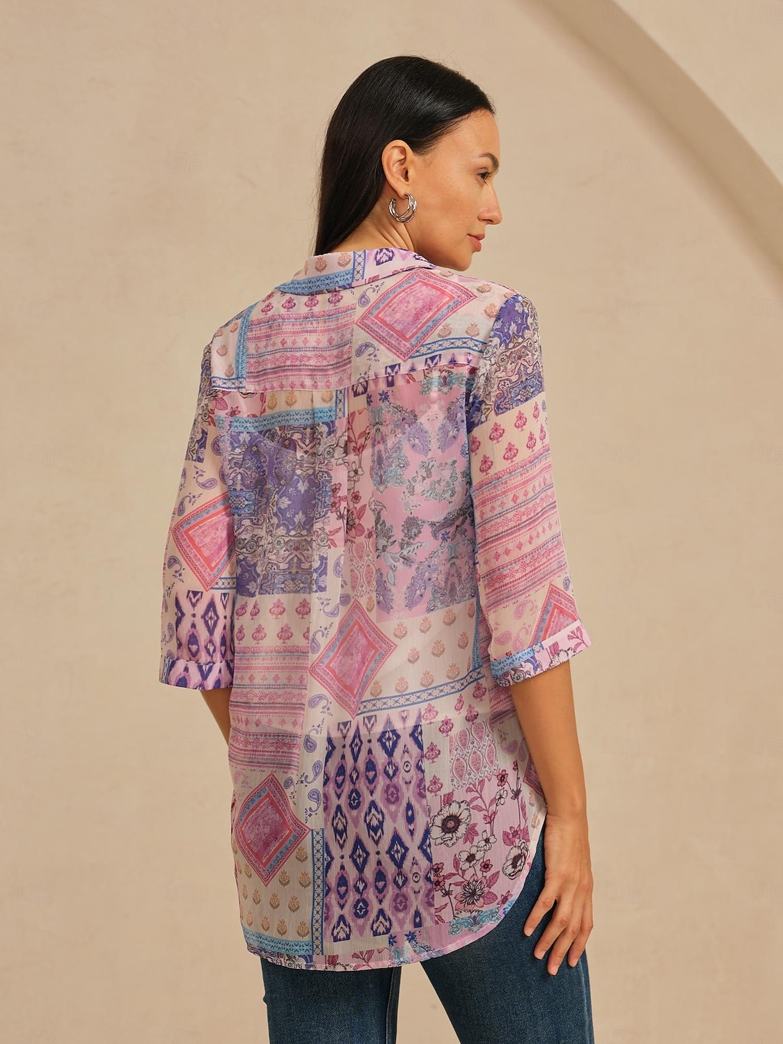 Chemisier femme violet clair bohème combinaison imprimé col chemise devant fausse patte décontracté vacances voyage printemps automne de 2026 ? $91.99 –P5