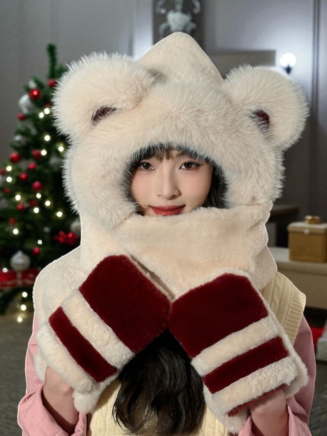 Dámská vánoční sada šály a rukavic, kapuce s výšivkou Santy a stromečku, teplý zimní sváteční doplněk 2026 - $19.99 –P5