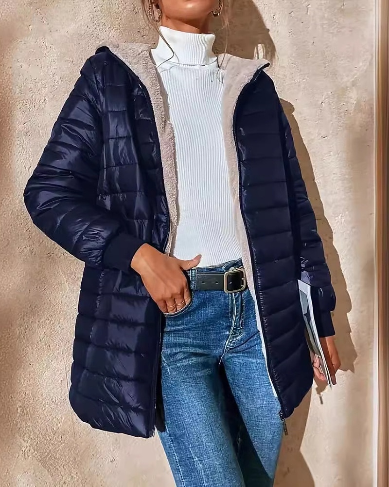 Damskie Płaszcz zimowy Dół Kurtka z kapturem Zatrzymujący ciepło Wygodny Zamek Kieszeń Codzienny Równina Na zewnątrz Urlop Święto Wyjściowe Długie Kaptur Luźna Długi rękaw Odzież wierzchnia Granatowy 2025 - $37.99 –P5