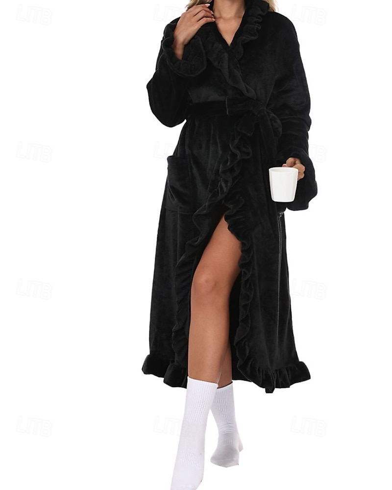 Women's Pajamas Robe Flannel Warm Fashion Pure Color Ruffle Pocket Home Daily Bed Long Sleeve Crew Neck Black White Pink Red Purple Fall Winter Regular Fit 2026 - E£3015.43 –P17