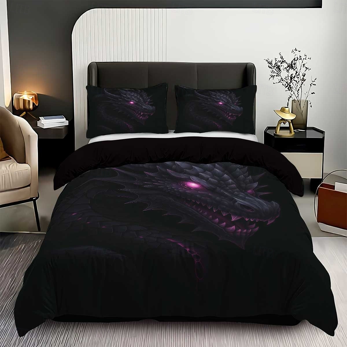 Parure de lit 3 pièces en duvet motif dragon noir et violet pour grand lit, housse de couette en peluche courte douce avec 2 taies d'oreiller – Literie de chambre d'hôtel, confortable & confortable de 2026 ? $37.99 –P1