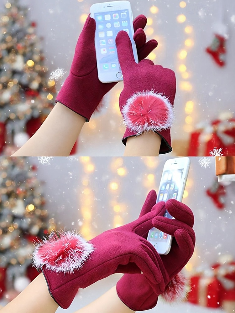 Guantes táctiles navideños para mujer con pompones de piel sintética de conejo, tejido de poliéster cálido, varios colores, perfectos para la moda de invierno y regalos navideños. 2026 - $11.99 –P5