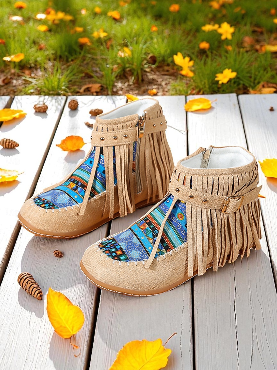 dames mocassinlaarzen met franjes en kleurrijke etnische print, casual enkellaarsjes voor herfstoutfits en festivals &dagelijks gebruik 2025 - $32.99 –P2