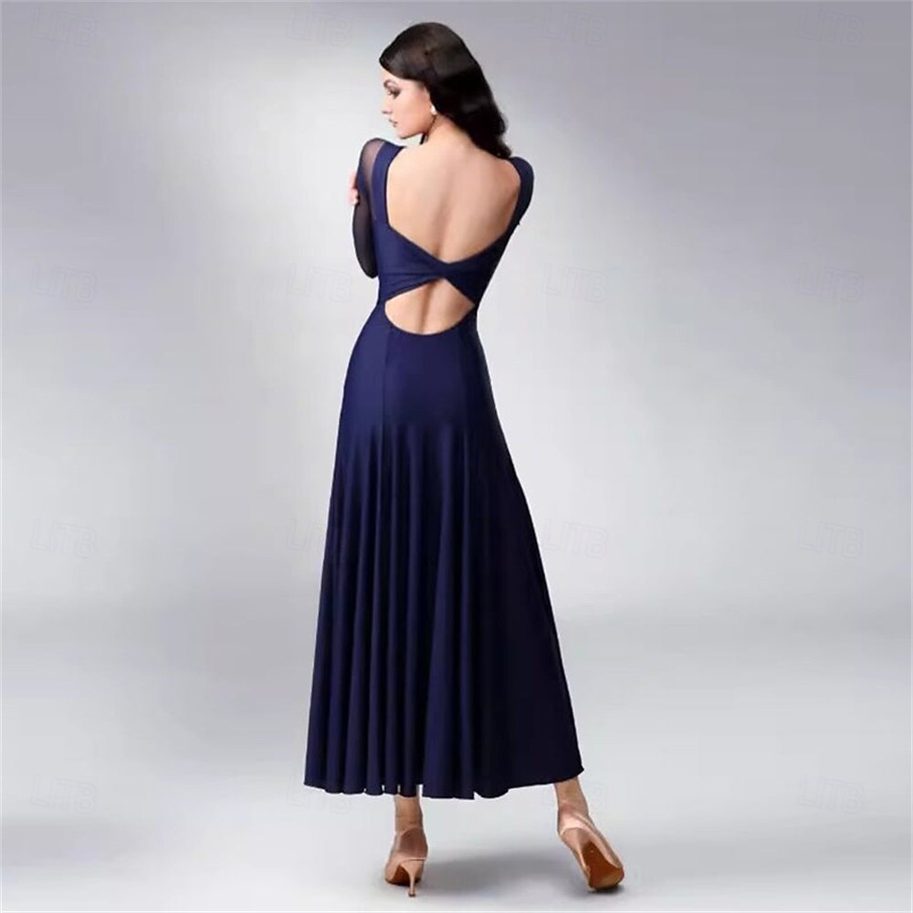 abito da ballo da sala da donna blu navy elegante a maniche lunghe in rete con scollo incrociato, abito da competizione per valzer, foxtrot e tango del 2026 a $337.89 –P3
