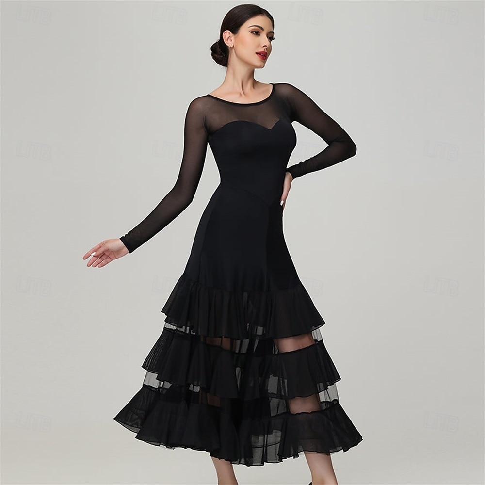 Women's Ballroom Dance Dress Layered Ruffle Mesh Long Sleeve Elegant Tango Waltz Foxtrot Competition Performance Gown – Black 2025 - $234.99 –P2