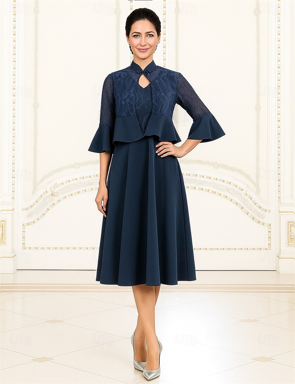 Deux Pièces Ligne A Ensembles de Robes Longueur thé Manche 3/4 Col en V Col haut Élégant ancien Formel Polyester Robe de Mère de Mariée  avec Couleur Unie de 2025 ? $69.99 –P1