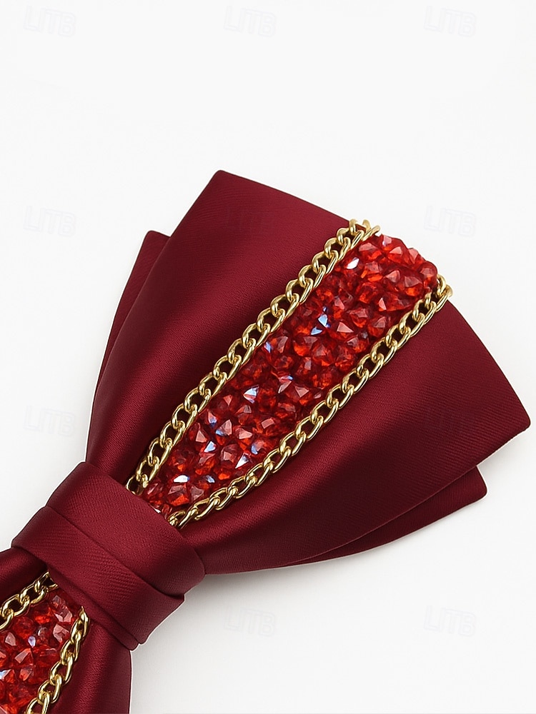 Papion de Crăciun pentru bărbați – papion din satin roșu, negru și alb cu detalii din cristale și lanț auriu – accesoriu elegant de sărbătoare pentru evenimente formale 2026 - $11.99 –P7