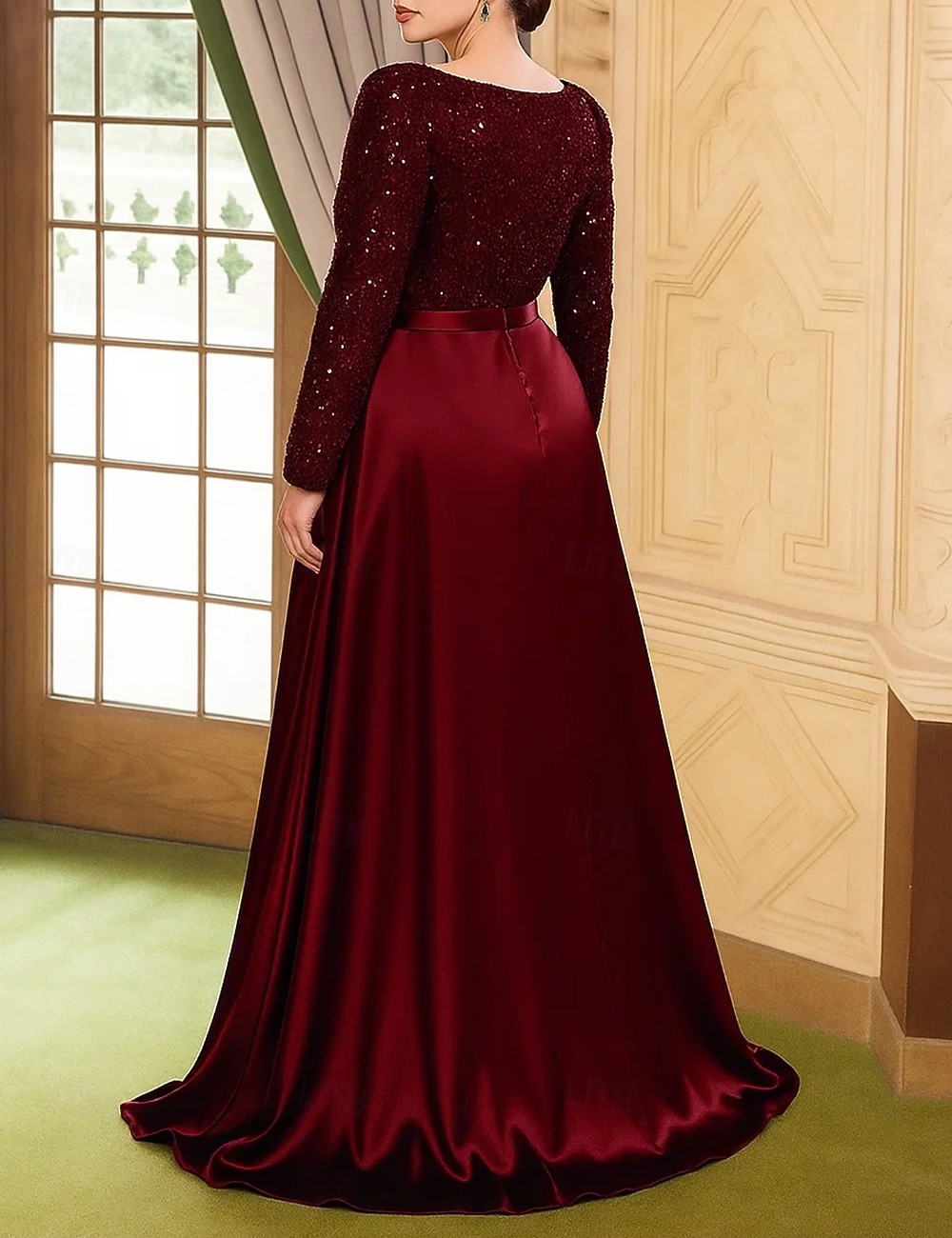 Abito a-line lungo fino al pavimento abito da sposa abiti formali abito da sera abito madre della sposa maniche lunghe scollo tondo elegante vintage festa satinato con pieghe paillettes spacco del 2026 a $149.99 –P2