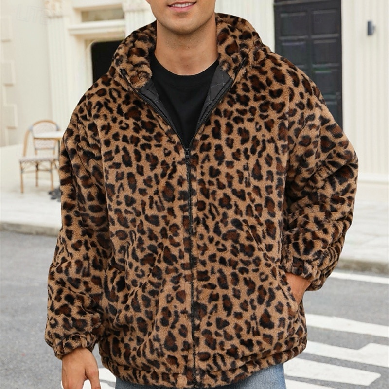 Voor heren Winterjack Jas van imitatiebont Dagelijks Vakantie Thermisch Warm Fleece Herfst Winter Luipaard Modieus Streetwear Capuchon Normaal Imitatiebont Geel Jacks 2026 - $50.99 –P13