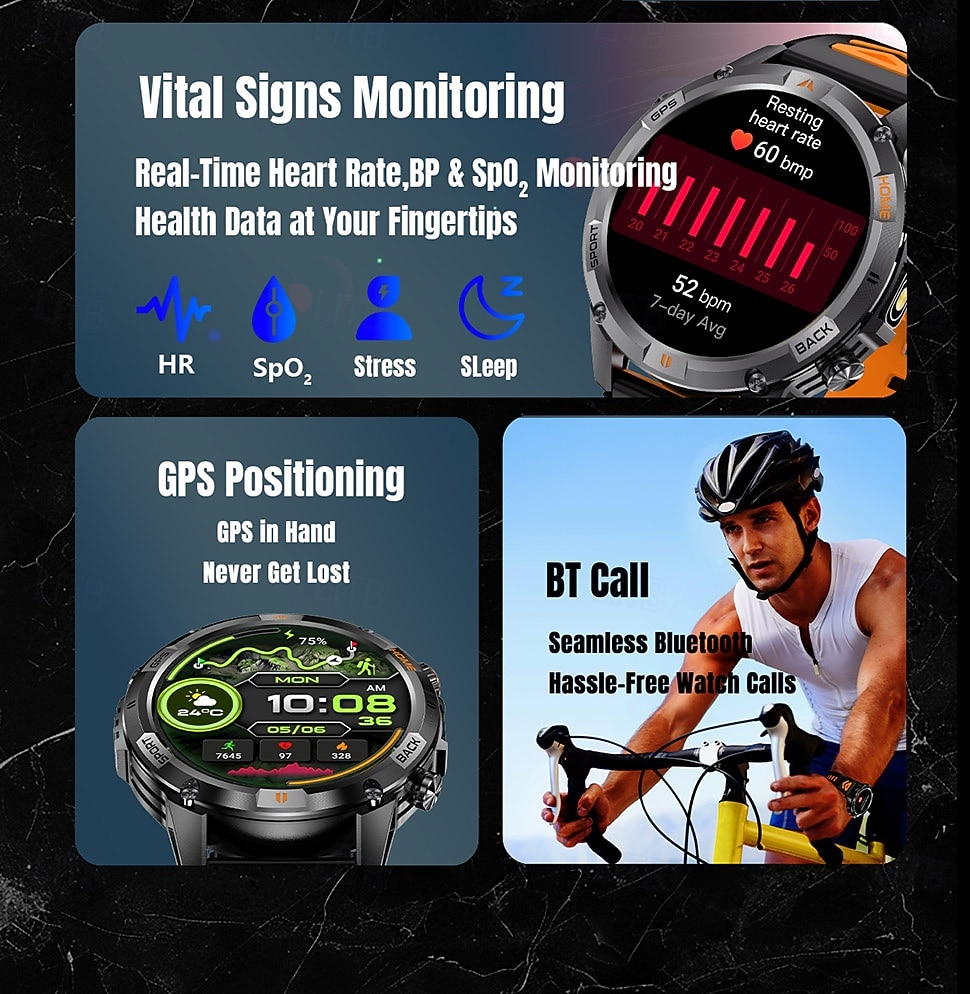 ساعة ذكية 2025 بنظام تحديد المواقع العالمي (GPS) بشاشة 1.46 بوصة مزودة ببوصلة ومصباح يدوي وبلوتوث ومكالمات وبطارية 580 مللي أمبير في الساعة ومقاومة للماء وتتبع اللياقة البدنية وساعة رياضية ذكية 2025 - $51.99 –P3