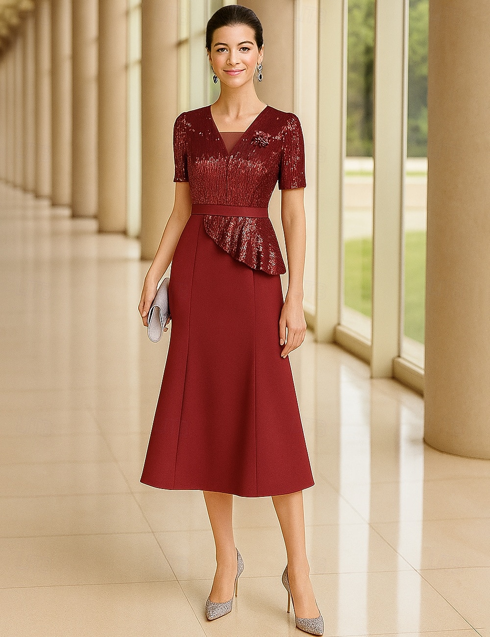 Meerjungfrauenschnitt Knöchellänge Partykleid Cocktailkleid Kurzarm V Ausschnitt Elegant Formell Baumwollmischung Polyester Brautmutterkleid mit Farbblock 2025 - $154.99 –P1