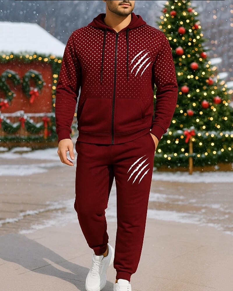 Новогодняя тематика Муж. Спортивный костюм из двух частей Толстовка с капюшоном для отдыха Толстовка на молнии Полный почтовый индекс с карманом Геометрический принт Наборы одежды Весна Черный Винный 2025 - $45.99 –P1