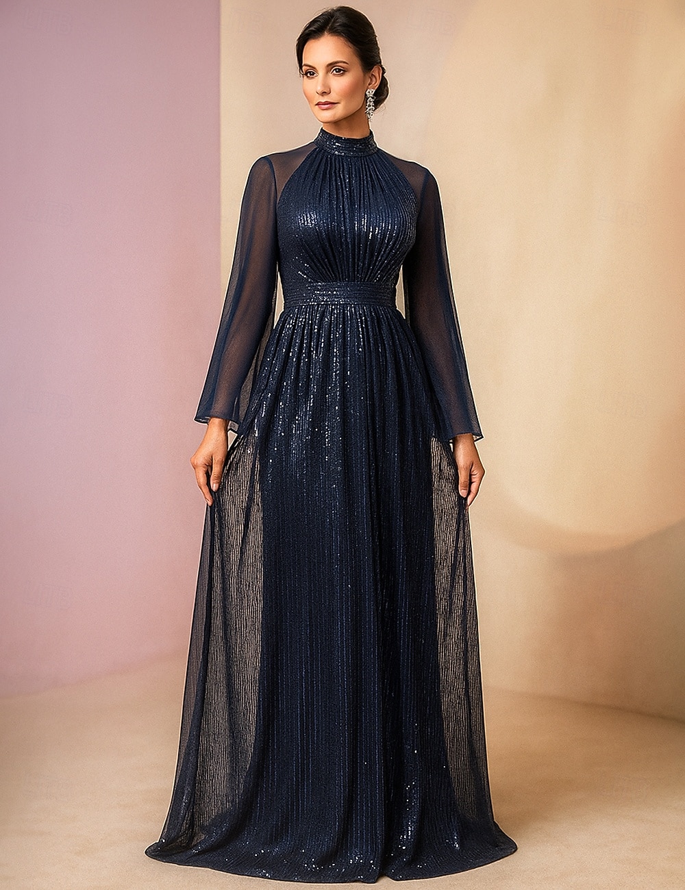 Rochie de invitată la nuntă A-Line lungă rochii formale rochie de seară rochie pentru mama miresei cu mâneci lungi gât înalt elegantă vintage strălucire și strălucire spandex cu paiete 2026 - $114.99 –P1