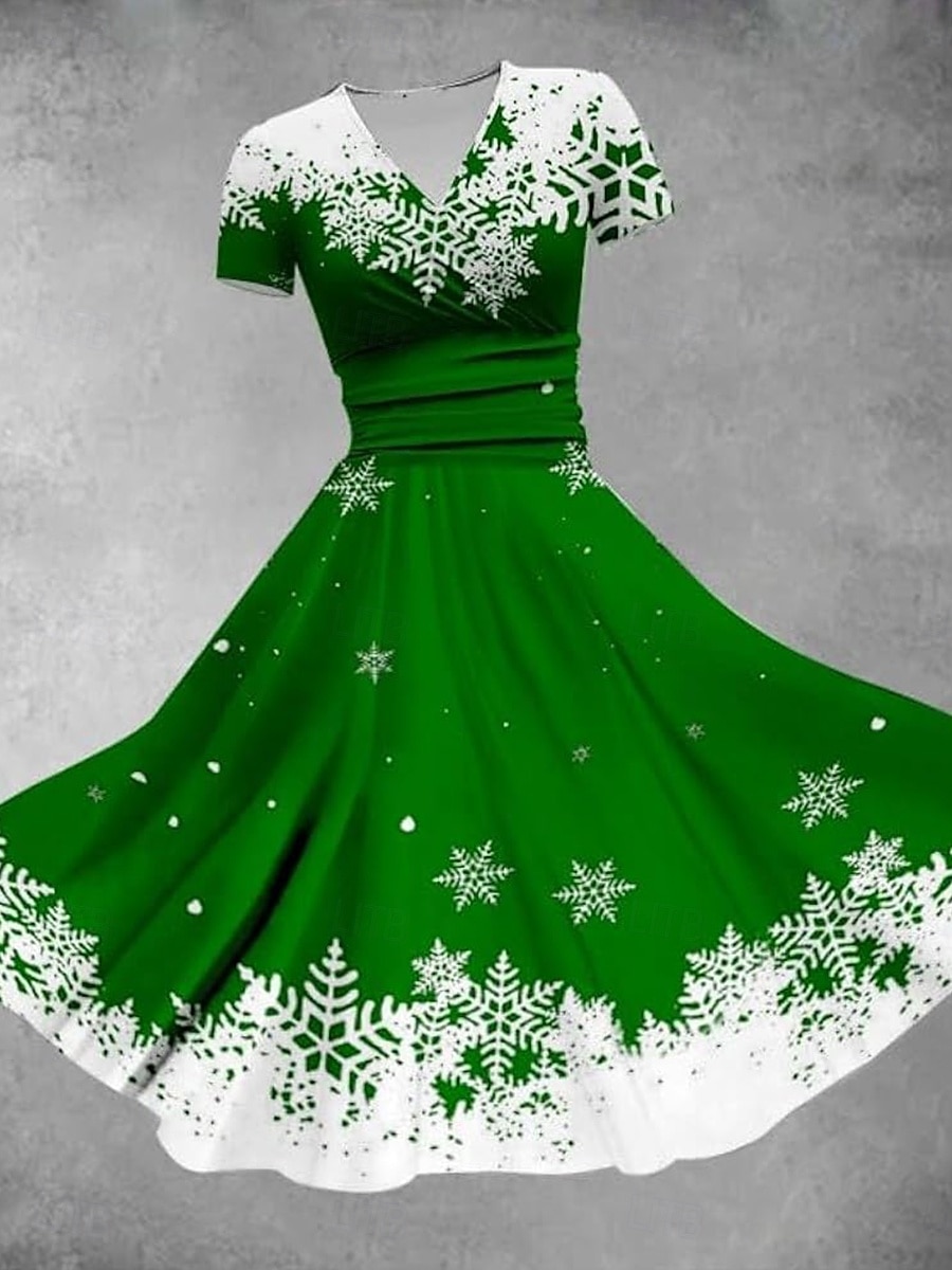 Christmas Women's Midi Dress A Line Dress Fit And Flare Dress Party Casual Daily Holiday Regular Fit Graphic Plaid Snowflake Short Sleeve V Neck Black White Red Green Fall Winter 2025 - $32.99 –P3
