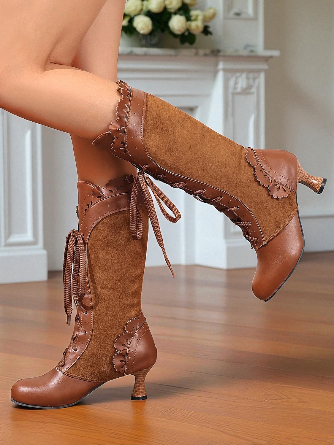 Women's Black Victorian Edwardian Style Knee High Lace-Up Boots with Scalloped Trim and Kitten Heel - 1920s Retro Gothic Dress Boots for Ladies, Perfect for Cosplay, Steampunk & Historical Reenactment 2025 - $59.99 –P2