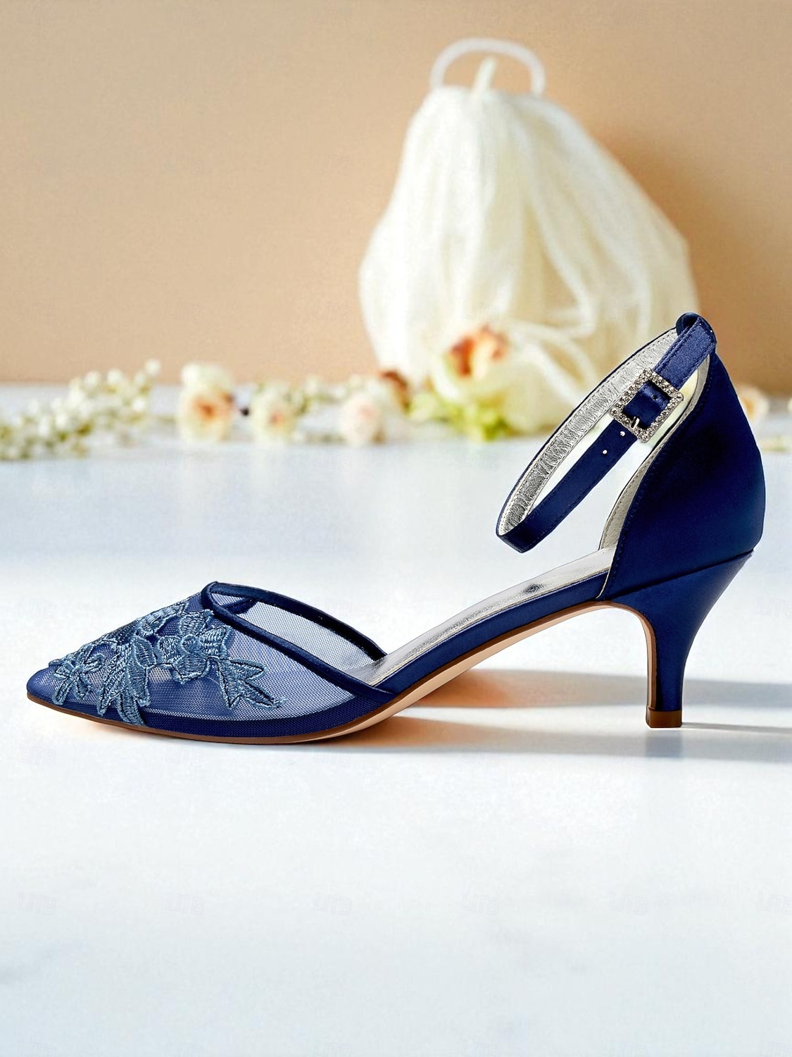 Women's Navy Blue Mesh Lace Embroidered Wedding Heels with Ankle Strap -  Elegant Pointed Toe Kitten Heel Dress Shoes for Brides, Bridesmaids &  Formal Parties 2026 - 58.99