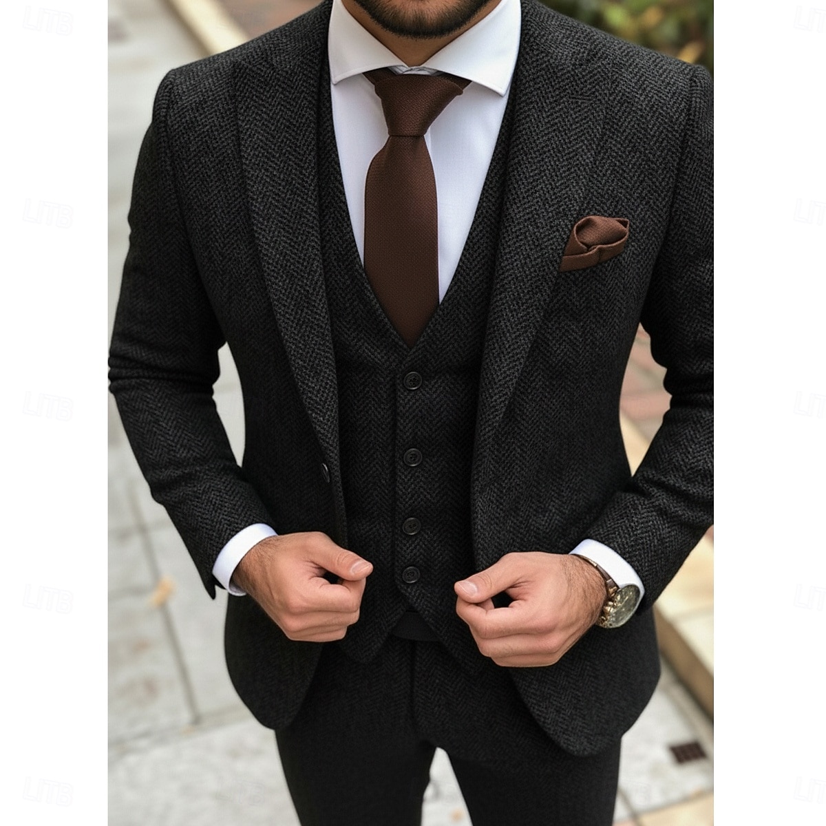 2026年 男性用 ツイードスーツ カジュアル ビジネス ブラック グレー 秋 スーツ ピークドラペル フォーマル ヘリンボーン テイラーフィット 3点セット シングルブレスト 一つボタン  コレクション – $139.99 –P2