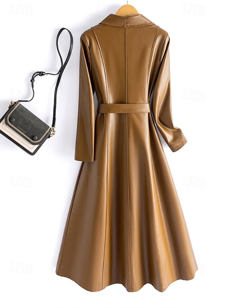 Dam Imitationsläderjacka Trenchcoat Håller värmen Bekväm knyt fram Ficka Knappar Mode Slät Semester Gata Utekväll Helgen Lång Nedvikt Normal Långärmad Ytterkläder Svart Vin Rubinrött Höst Vinter 2025 - $109.99 –P10