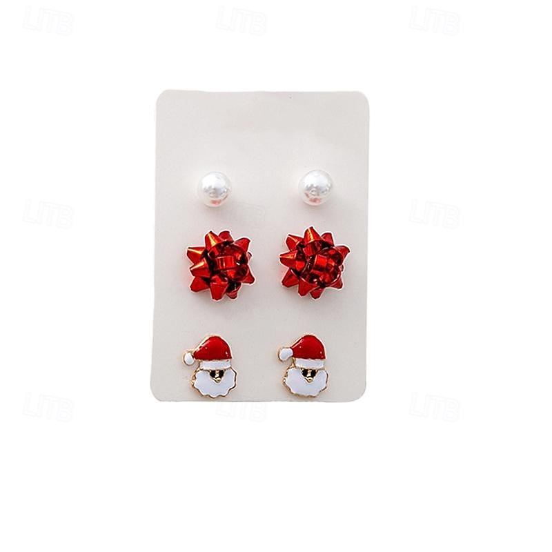 Conjunto de pendientes navideños: colección de joyas navideñas con lazos rojos y verdes, Papá Noel, árbol de Navidad y perlas. 2026 - $11.99 –P4