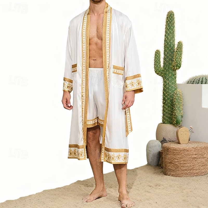 Homme Pyjamas Robe en soie Vêtements de Nuit Robe de bain Impressions Graphiques Mode Élégant Classique Maison Quotidien Lit Polyester Confort Doux Col en V manche longue Ceinture Incluse Printemps de 2026 ? $59.99 –P2