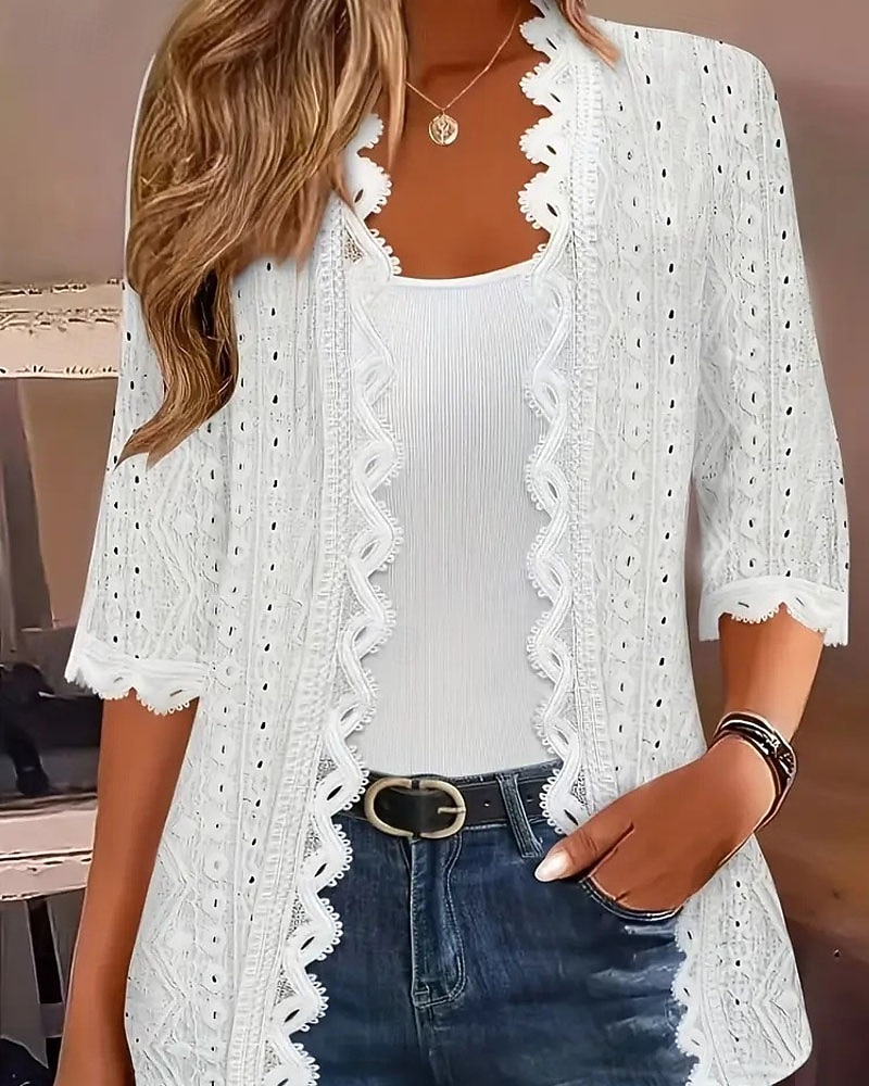 Mujer Camisa de encaje Blusa Tops elegantes Ribete de encaje Plano Elegante damas Clásico Media Manga Tops regulares Diario Trabajo Festivos Blanco Verano Primavera 2026 - $25.99 –P1