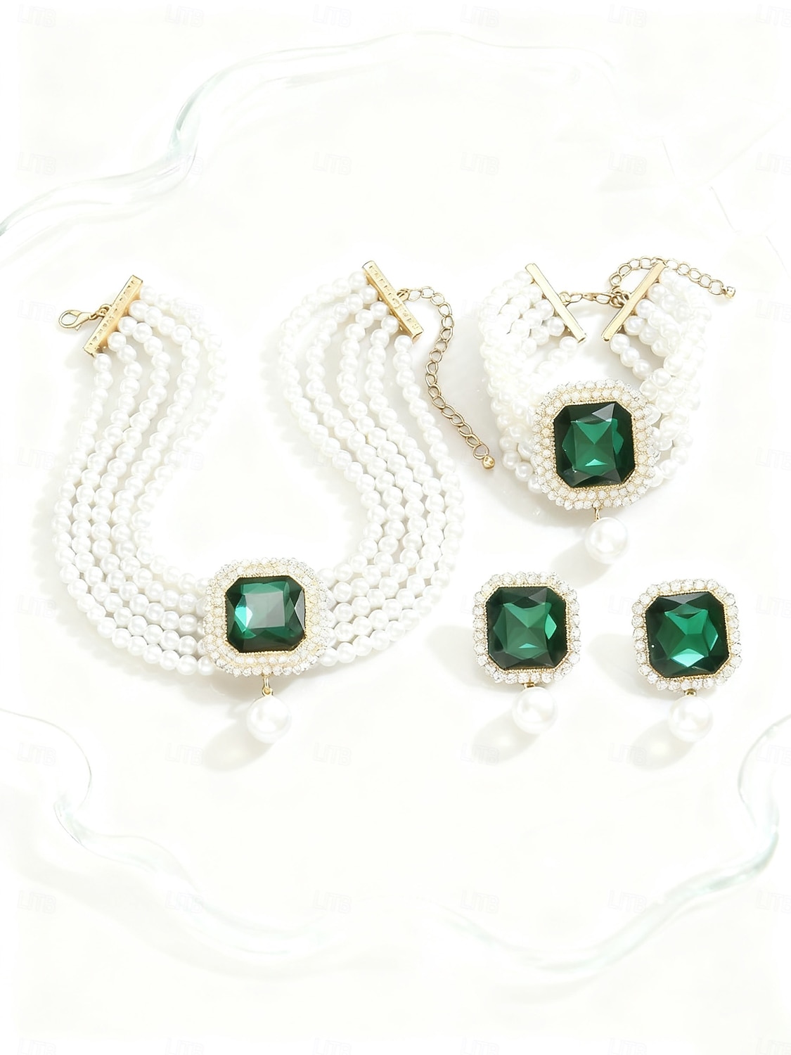 Dámská sada 3 šperků s perlami a zelenými drahokamy, vintage choker, náramek &prsten na vánoční večírky, vánoční dárky &elegantní večery 2026 - $14.99 –P1