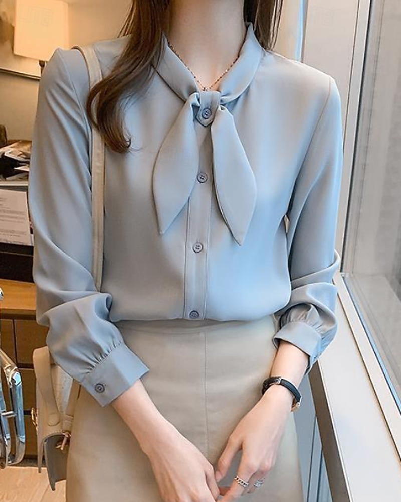 Damen Hemd Elegant Satin-Top Bluse Schleife Einfach Stilvoll Langarm Rundhalsausschnitt Normale Oberteile Ferien Ausgehen Blau Weiß Frühling Herbst 2026 - AU $50.19 –P13
