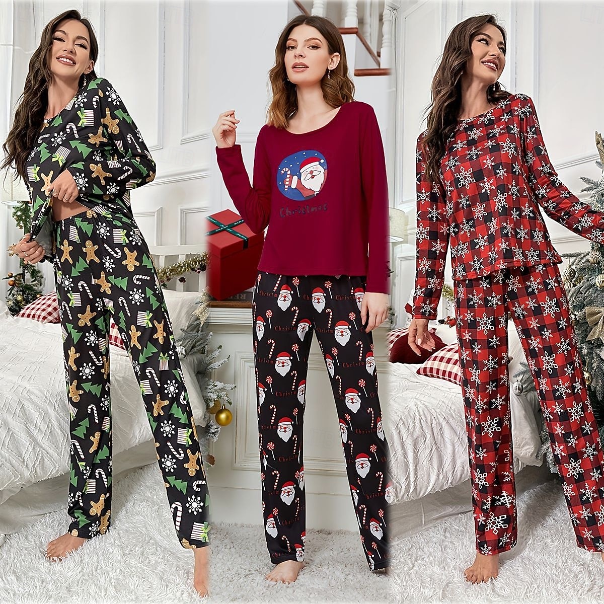 Conjunto de Pijamas de Natal Feminino com Boneco de Neve e Árvore de Natal Confortável Gráfico do Pai Natal Cintura Elástica Camiseta Calça Férias em Casa Manga Longa Gola Redonda Rosa Vinho Vermelho de 2025 por $23.99 –P1